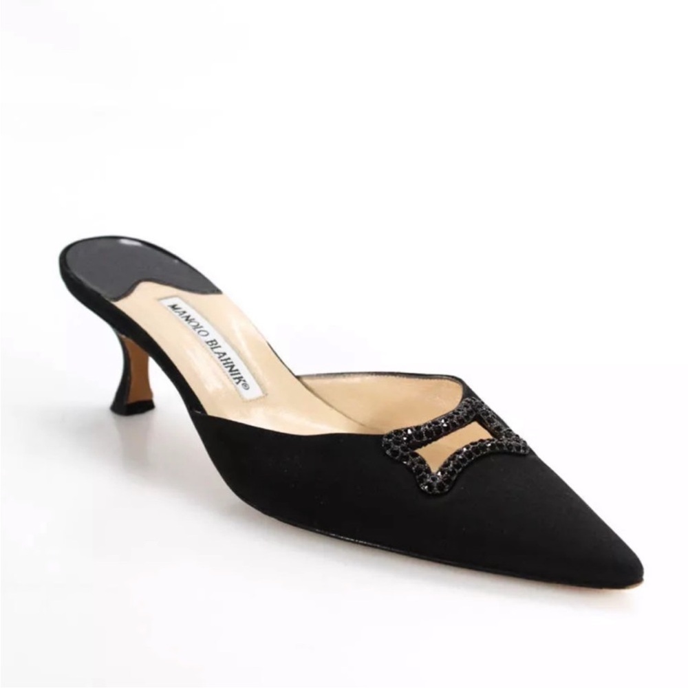 Manolo Blahnik Pointed Toe Jeweled Trim Mules Black Canvas EU 38.5 // US 8